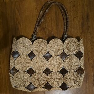 Tommy Bahama Beige and Brown Woven Tote Bag